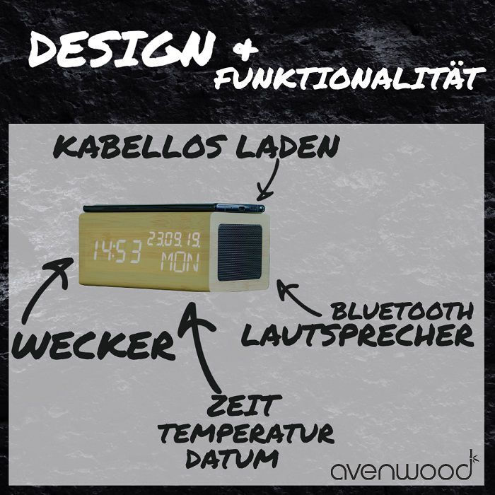 Avenwood Stylische Holz Wecker mit induktiv Ladegeräte & Lautsprecher von Avenwood elektroniktrade Switzerland