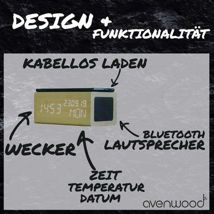 Avenwood Stylische Holz Wecker mit induktiv Ladegeräte & Lautsprecher von Avenwood Elektroniktrade Switzerland