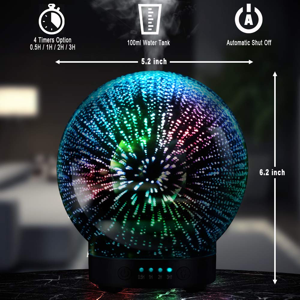 3D Aroma Glas Diffuser 100ml mit 7 Led Farben Lichter