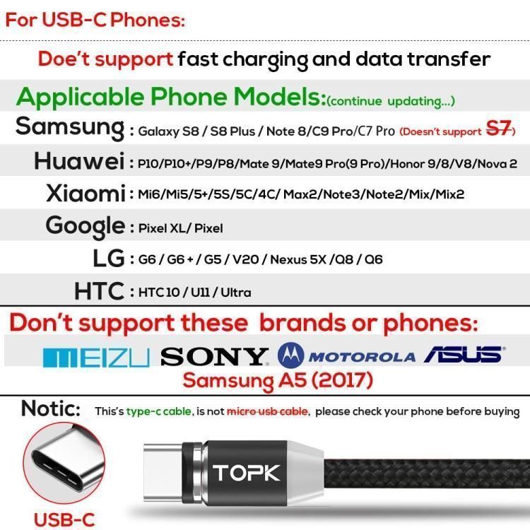 TOPK 1m 2,4A Max. USB-zu-USB-C / Typ-C-Nylon-geflochtenes magnetisches Ladekabel mit LED Elektroniktrade Switzerland