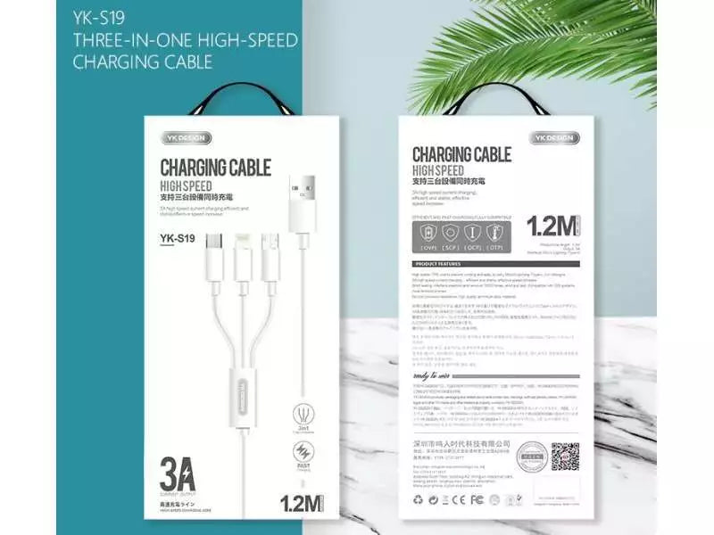 YK-Design 3A Ladekabel 3 in 1 MicroUSB/Lighting/Type-C