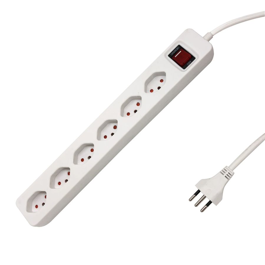 Steckdosenleiste PLUS quer - 6x T13 quer, 1.5m Zuleitung H05VV-F 3G1.0mm2, Überlastschutz-Schalter, Kinderschutz, weiss