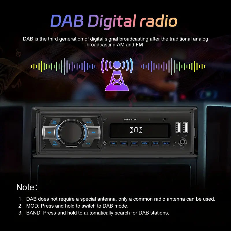 1DIN DAB Autoradio 12V mit MP3-Player USB/TF/AUX-IN mit Type-C-Ladeanschluss