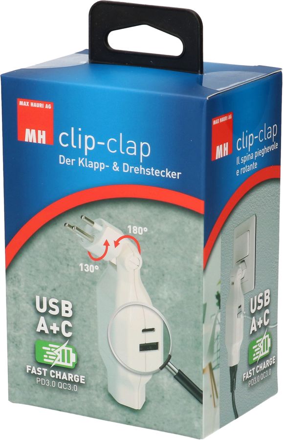 Abzweigstecker clip-clap 1x Typ 13 USB Fast Charge weiss