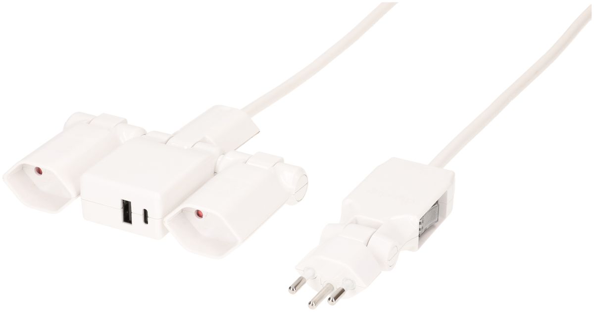 Steckdosenl. clip-clap Line 2x Typ 13 1x USB-Charger ws Scha. 2m