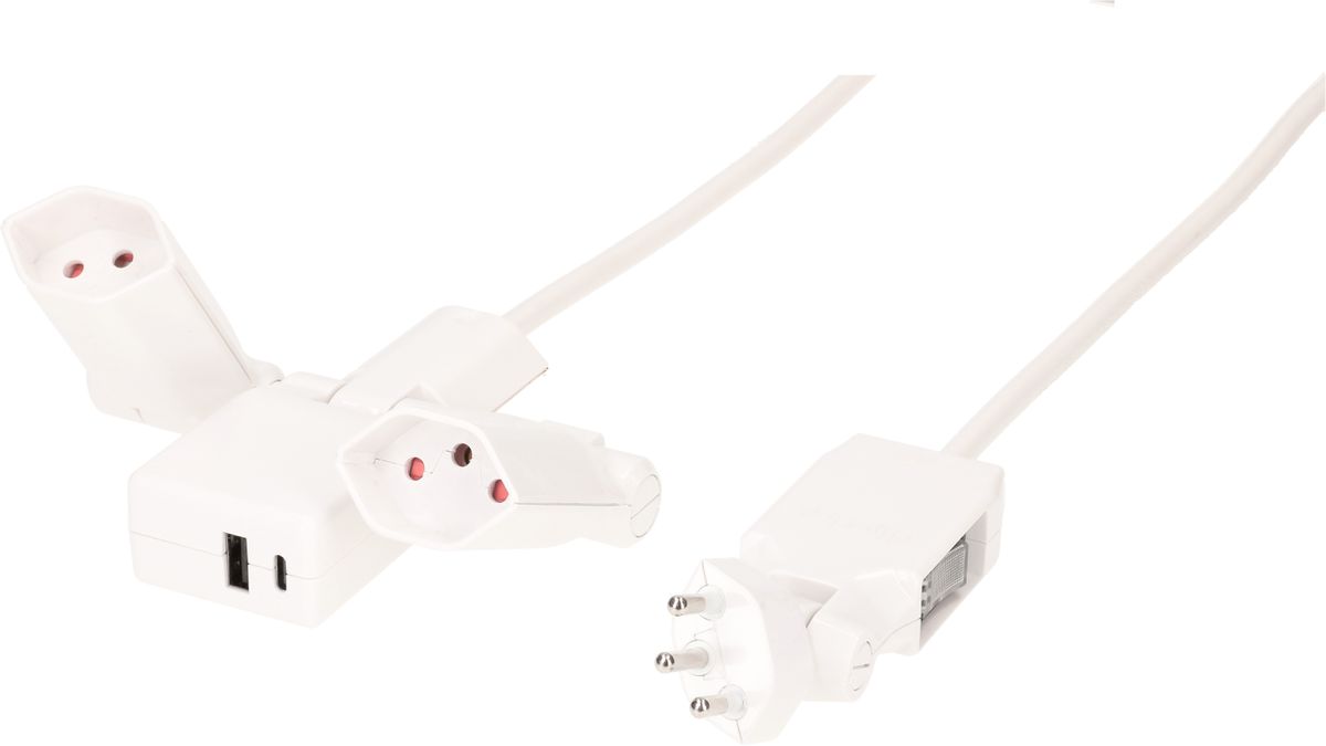 Steckdosenl. clip-clap Line 2x Typ 13 1x USB-Charger ws Scha. 2m