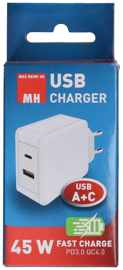 USB Schnellladeadapter 1x USB-C PD 1x USB-A 45W weiss