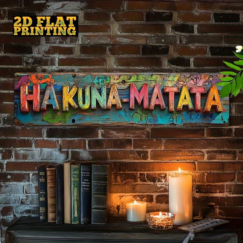 2D Flaches Vintage „Hakuna Matata“ Holzschild – Buntes Cartoon-Dekoschild