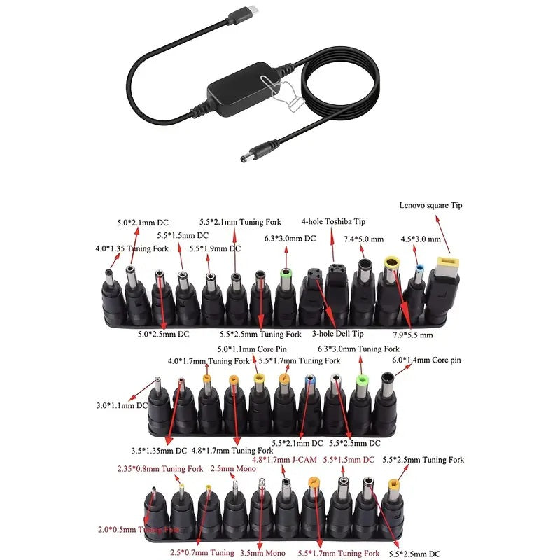USB-C zu DC 5521 PD Kabel mit 34 Adaptern, 5-20V einstellbar für viele Geräte
