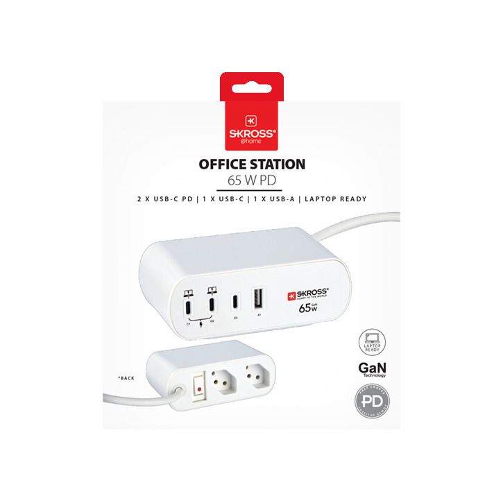 SKROSS OfficeStation - 2xT13, PD 65W GaN, 3x USB-C / 1x USB-A, 3.0m Kabel, inkl. 2 Halterungen, weiss
