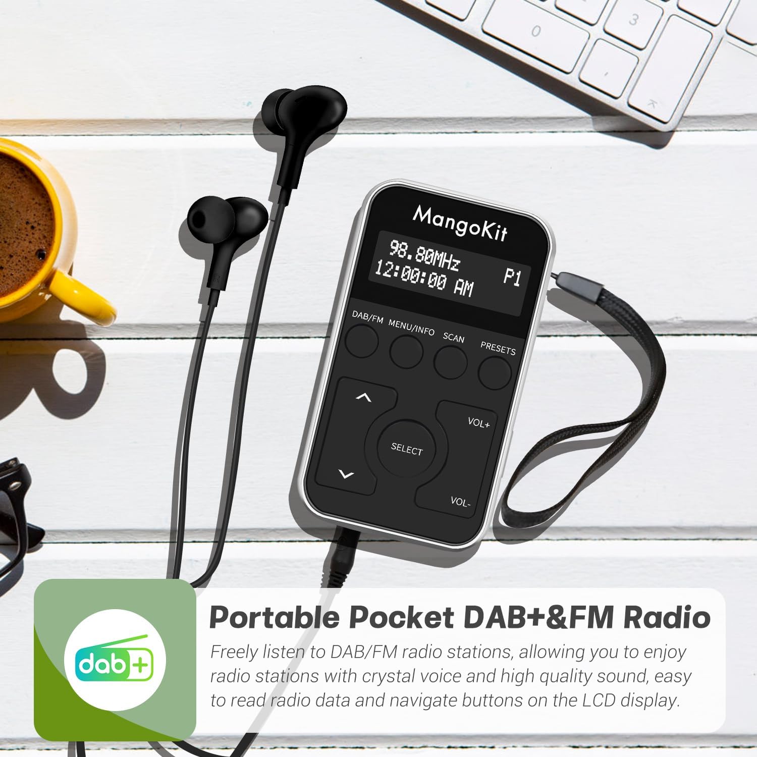 Tragbares Mini Taschen FM/ DAB+ Radio mit Kopfhörern und Akkubetrieb