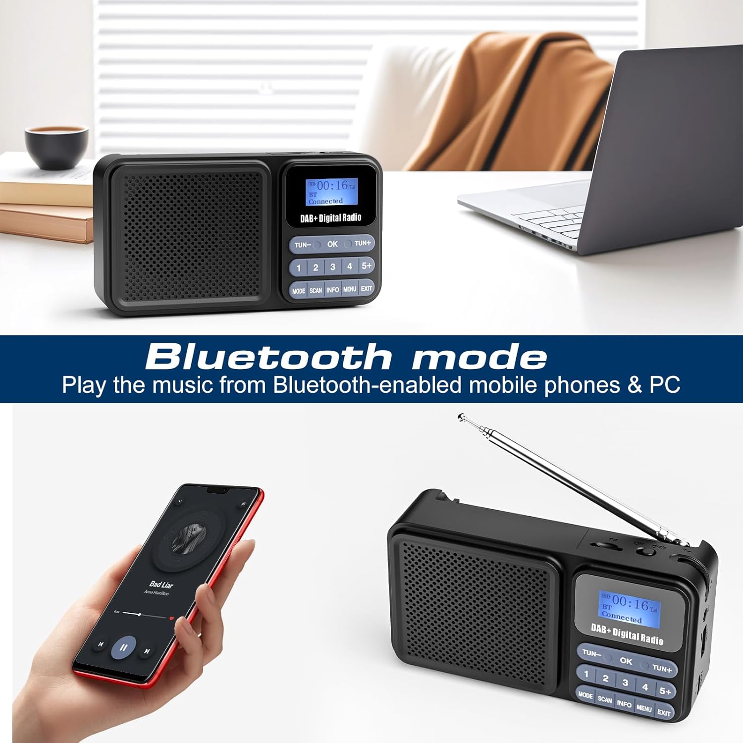 DAB+/FM Radio mit Bluetooth, Akku und Solarpanel - USB/Solar Charging