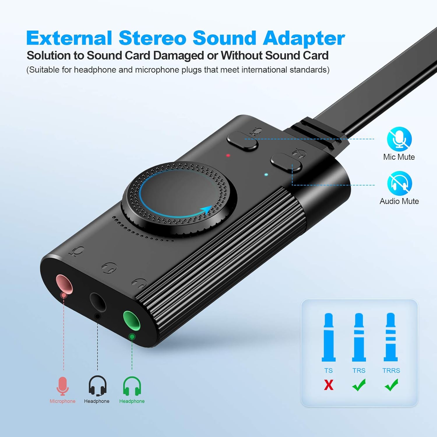 USB Soundkarte 2 in 1 Adapter mit Lautstärkeregler und Volume Kontrolle