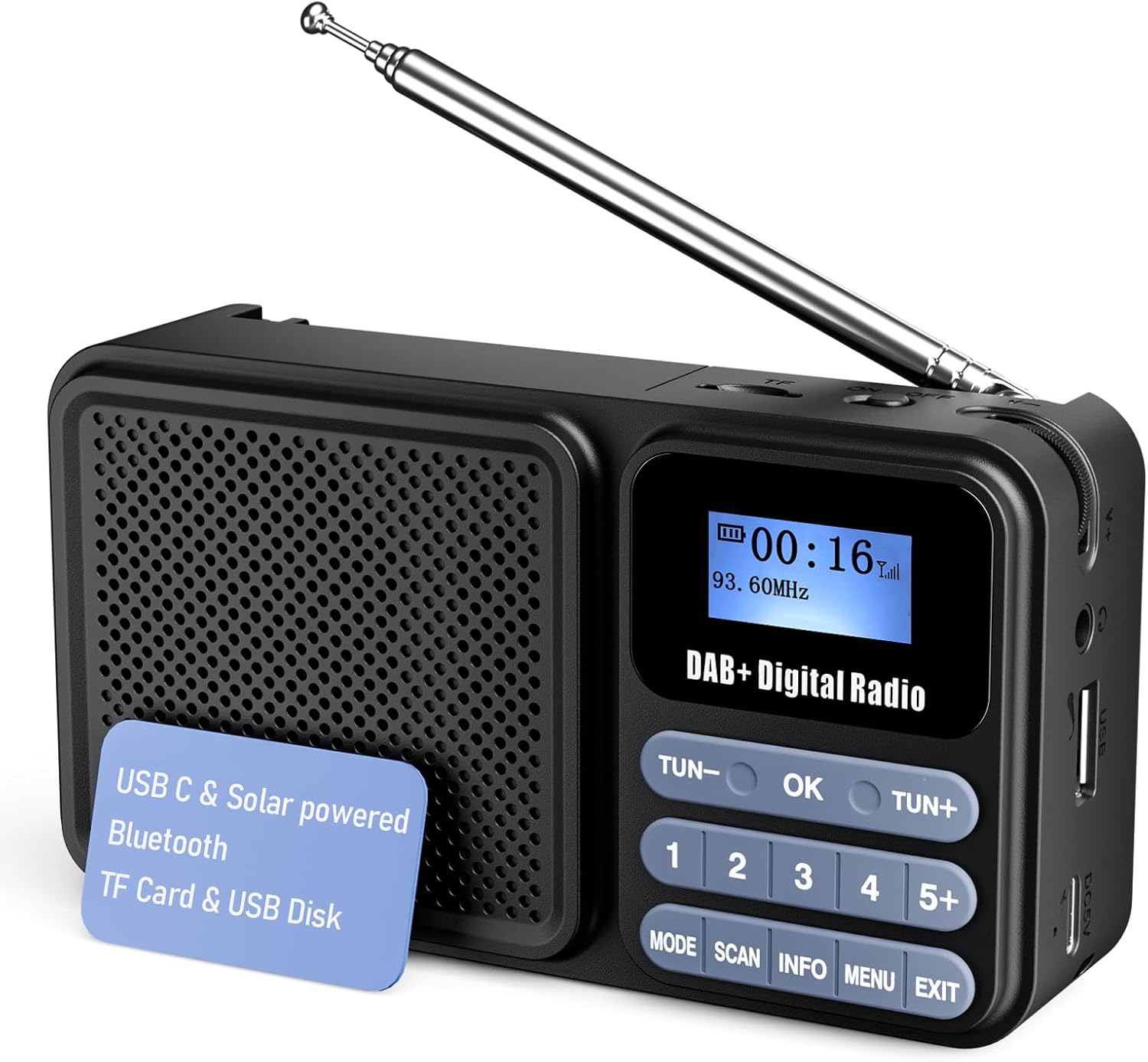 DAB+/FM Radio mit Bluetooth, Akku und Solarpanel - USB/Solar Charging