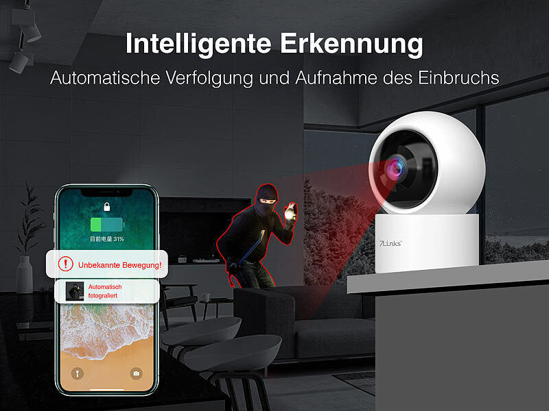 7links 2K-Pan-Tilt-Überwachungskamera mit WLAN & Patrouillen-Funktion, weiß Elektroniktrade Switzerland