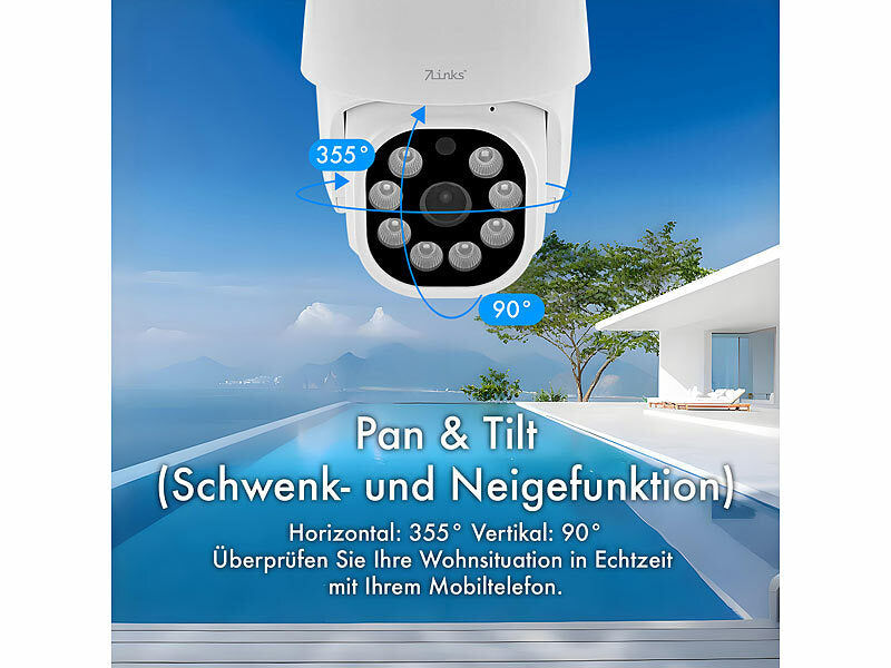 7links WLAN-Pan-Tilt-Outdoorkamera, 2K, Tonerkennung, Farb-Nachtsicht, Sirene elektroniktrade Switzerland