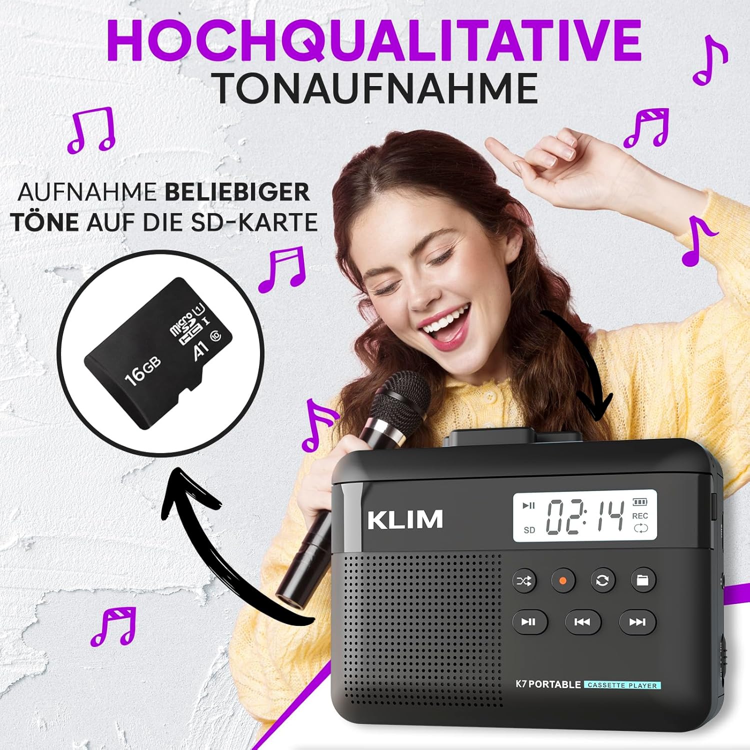 K7 Walkman Kassettenspieler + Recorder mit Lautsprecher, Akku, Ohrhörer, 16GB MicroSD Karte