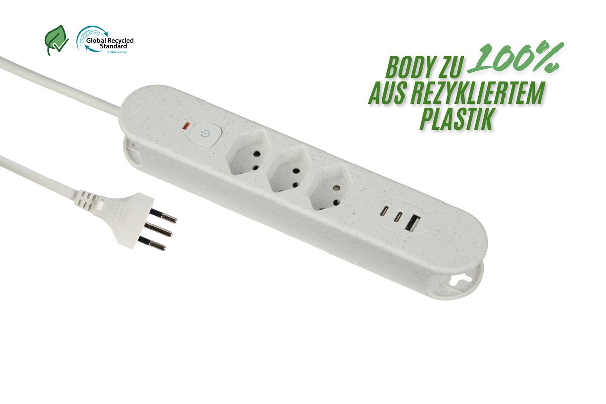 Steckdosenleiste Re:Life USB - 3x T13. 2x USB-C + 1x USB-A, 1.8m Kabel, weiss