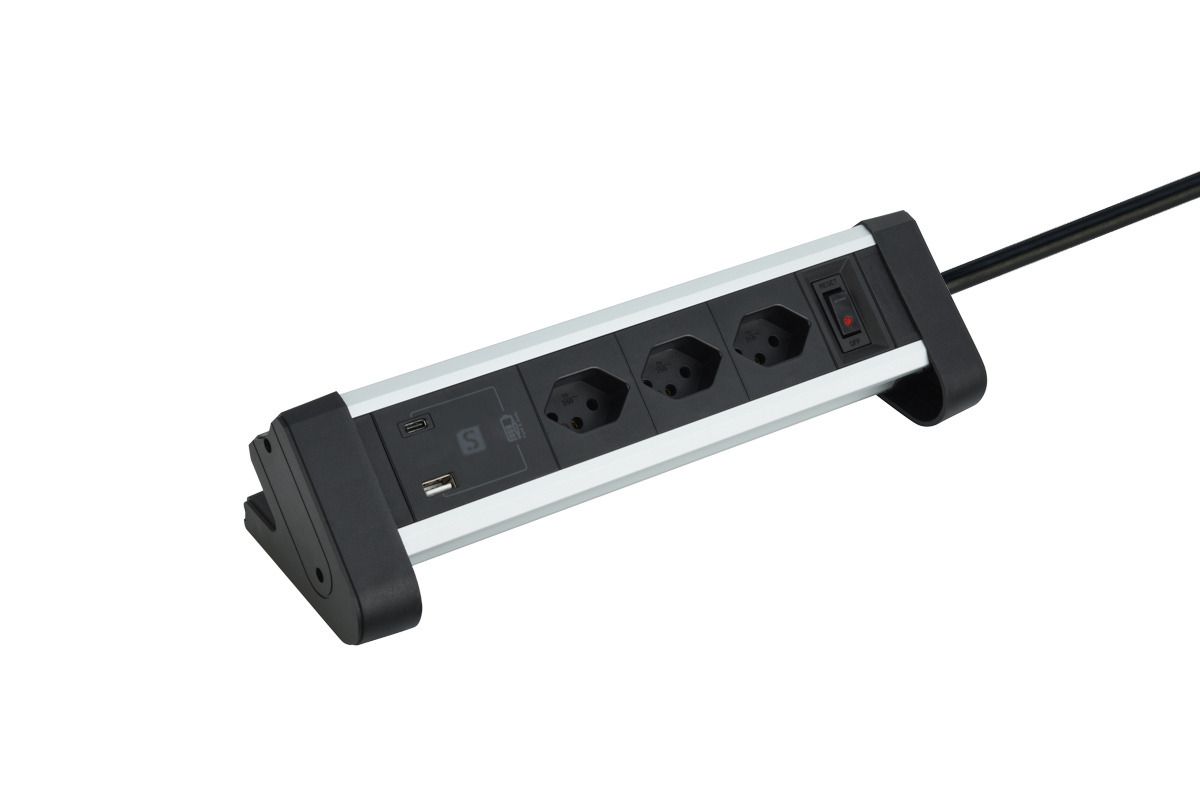 ALU DESKTOP USB-C - 3xT13, 1x USB-C / 1x USB-A max. 3.4A / PD 20W, 3.0m Zuleitung, schwarz