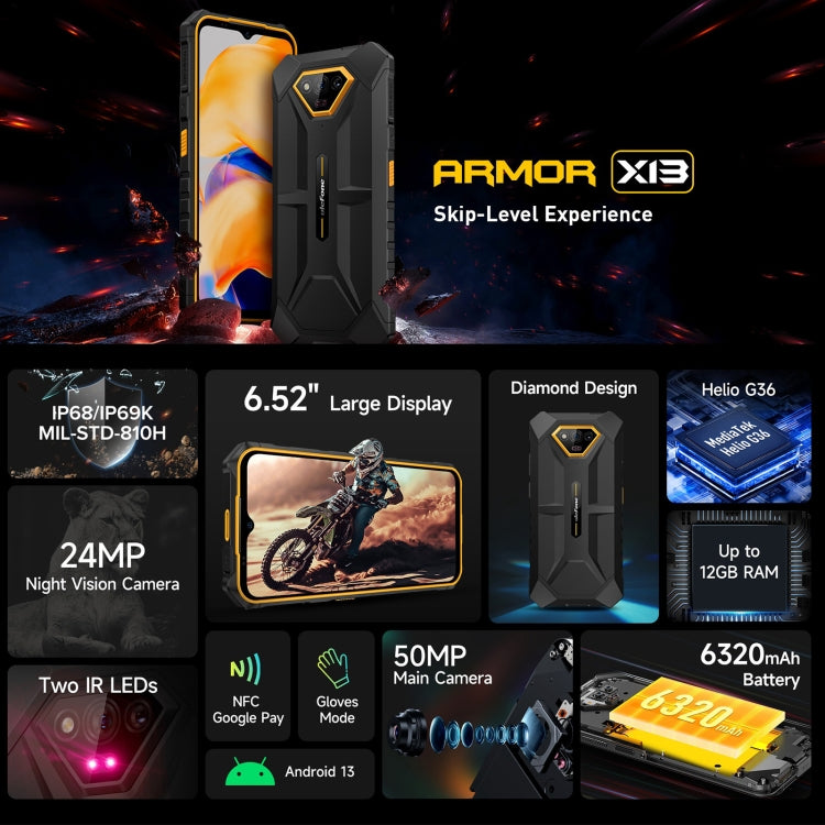 Ulefone Armor X13, robustes IP68/IP69K-Telefon, 6,52 Zoll Android 13 MediaTek Helio G36 Octa Core, Netzwerk: 4G, NFC, OTG