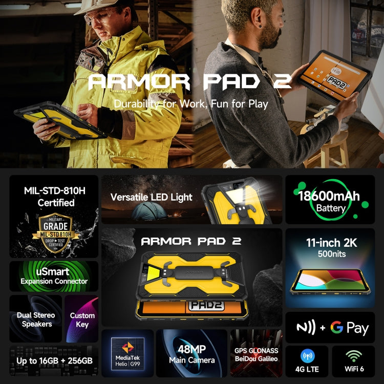 Ulefone Armor Pad 2 Robuster Tablet-PC, 16 GB + 256 GB 11 Zoll Android 13 MediaTek Helio G99 Octa Core 4G Netzwerk