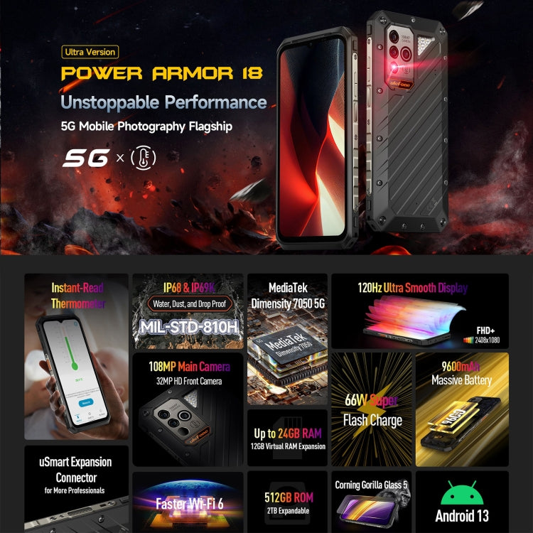 Ulefone Power Armor 18 Ultra Version 5G Thermometer Robustes Telefon, seitlicher Fingerabdruck, 6,58 Zoll Android 13 MediaTek Dimensity 7050 Octa Core bis zu 2,6 GHz, Netzwerk: 5G, NFC, OTG, Power Armor 18 Ultra Version