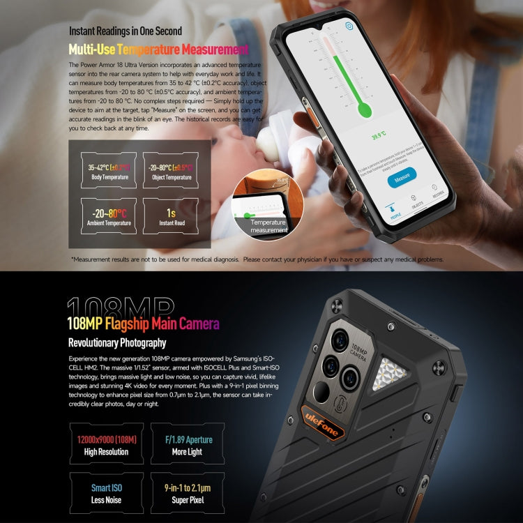 Ulefone Power Armor 18 Ultra Version 5G Thermometer Robustes Telefon, seitlicher Fingerabdruck, 6,58 Zoll Android 13 MediaTek Dimensity 7050 Octa Core bis zu 2,6 GHz, Netzwerk: 5G, NFC, OTG, Power Armor 18 Ultra Version