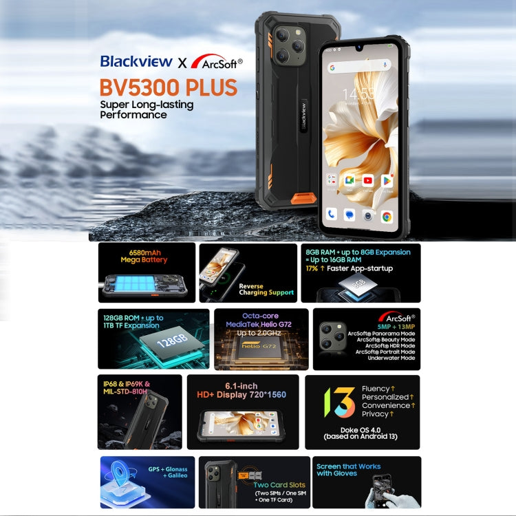 Blackview BV5300 Plus, IP68/IP69K/MIL-STD-810H, 6,1 Zoll Android 13 MediaTek Helio G72 Octa Core, Netzwerk: 4G, OTG, BV5300 Plus, 8GB+128GB