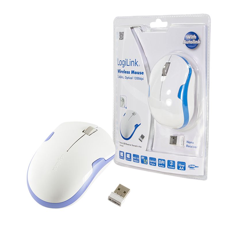 LogiLink optische Funk Maus kabellos 2,4GHz 1200dpi Nano USB Empfänger Weiß Blau