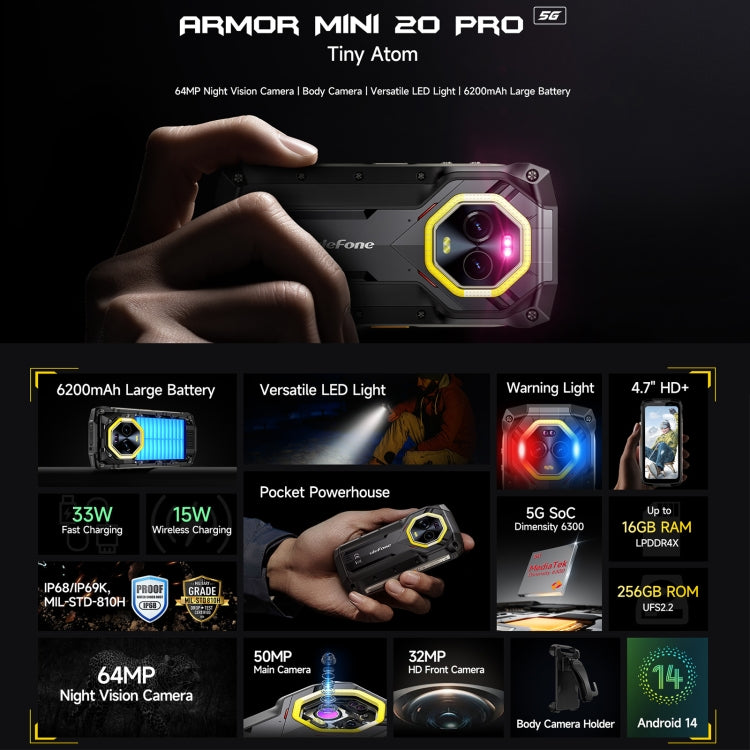 Ulefone Armor Mini 20 Pro, 8 GB + 256 GB, IP68/IP69K robustes Telefon, 4,7 Zoll Android 14 MediaTek Dimensity 6300 5G Octa Core, Netzwerk: 5G, NFC, OTG