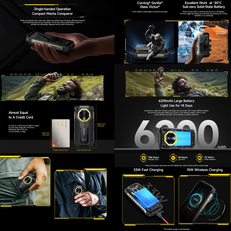 Ulefone Armor Mini 20 Pro, 8 GB + 256 GB, IP68/IP69K robustes Telefon, 4,7 Zoll Android 14 MediaTek Dimensity 6300 5G Octa Core, Netzwerk: 5G, NFC, OTG