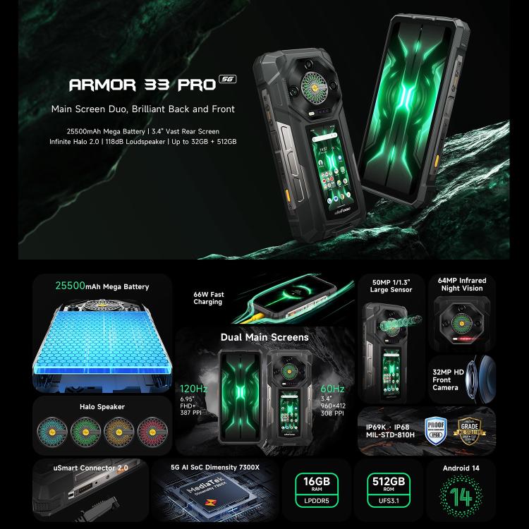 Ulefone Armor 33 Pro 16GB+512GB, Night Vision, 6.95 inch + 3.4 inch Dual Screen