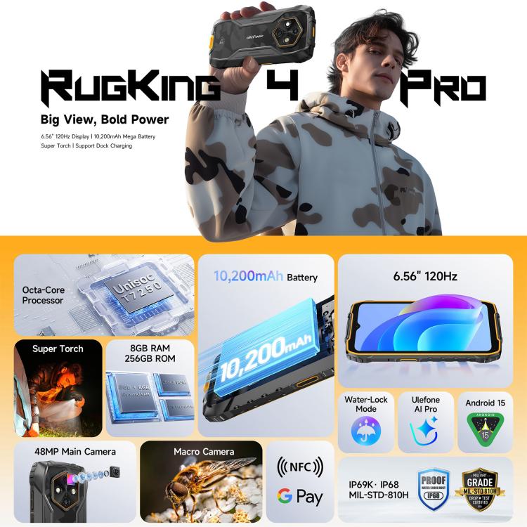 Ulefone RugKing 4 Pro, 8GB+256GB, IP68/IP69K, 6.56" Android 15 Unisoc T7250 Octa Core