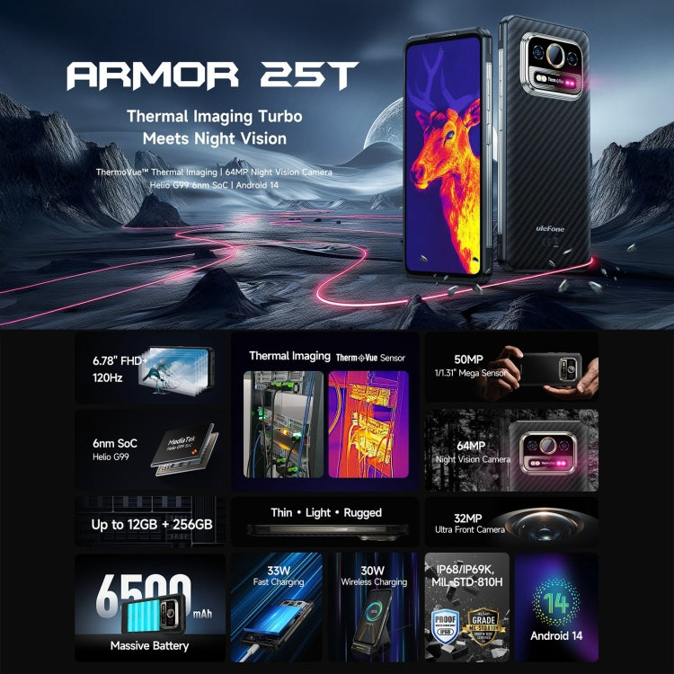 Robustes Ulefone Armor 25T-Telefon, 6 GB + 256 GB, Wärmebildgebung, 6,78 Zoll Android 14 MediaTek Helio G99 Octa Core, Netzwerk: 4G, NFC, OTG, Armor 25T