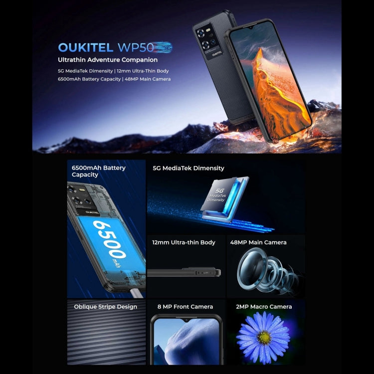 Oukitel WP50 5G Robustes Telefon, 4 GB + 256 GB, 6,6 Zoll Android 14.0 MediaTek Dimensity 6100+ Octa-Core 3,0 GHz, NFC, OTG, Netzwerk: 5G