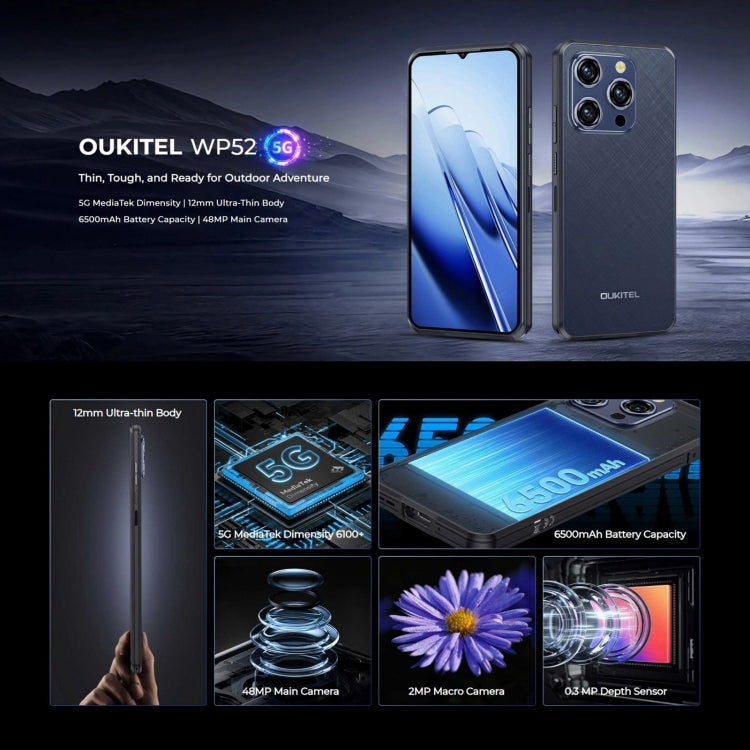 Oukitel WP52 5G Robustes Telefon, 4 GB + 256 GB, 6,6 Zoll Android 14.0 MediaTek Dimensity 6100+ Octa-Core 3,0 GHz, NFC, OTG, Netzwerk: 5G