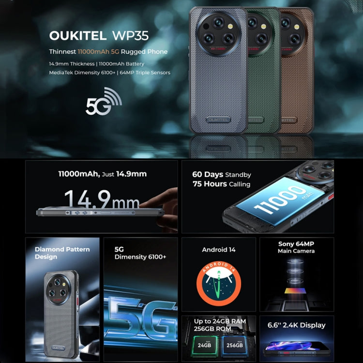 Oukitel WP35 5G Robustes Telefon, 8 GB + 256 GB, IP68/IP69K-Fingerabdruckerkennung, 11000 mAh, 6,6 Zoll MediaTek Dimensity 6100+ Octa Core, NFC, OTG, Netzwerk: 5G, WP35 5G