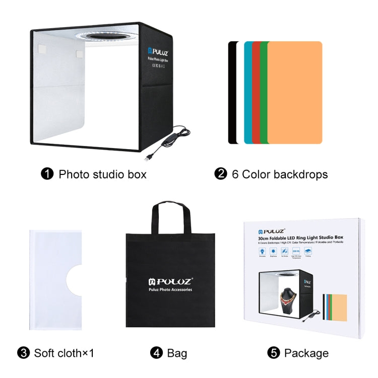 PULUZ 30 cm faltbares, hohes 97 CRI-Ringlicht, Fotobeleuchtung, Studio-Aufnahmezelt, Box-Set mit 6 Hintergrundfarben (Schwarz, Weiß, Orange, Rot, Grün, Blau), aufgeklappte Größe: 30 cm x 30 cm x 30 cm, 30cm Box Black