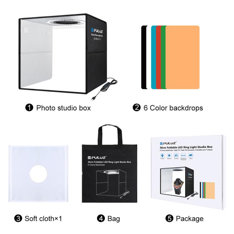 PULUZ 30 cm faltbares, hohes 97 CRI-Ringlicht, Fotobeleuchtung, Studio-Aufnahmezelt, Box-Set mit 6 Hintergrundfarben (Schwarz, Weiß, Orange, Rot, Grün, Blau), aufgeklappte Größe: 30 cm x 30 cm x 30 cm, 30cm Box Black