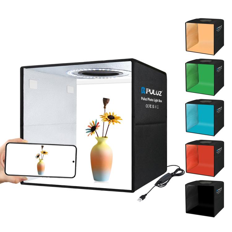 PULUZ 30 cm faltbares, hohes 97 CRI-Ringlicht, Fotobeleuchtung, Studio-Aufnahmezelt, Box-Set mit 6 Hintergrundfarben (Schwarz, Weiß, Orange, Rot, Grün, Blau), aufgeklappte Größe: 30 cm x 30 cm x 30 cm