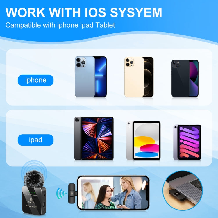 PULUZ Kabelloses Lavalier-Mikrofon für iPhone/iPad, 8-poliger Empfänger, 8-Pin 1 TX + 1 RX