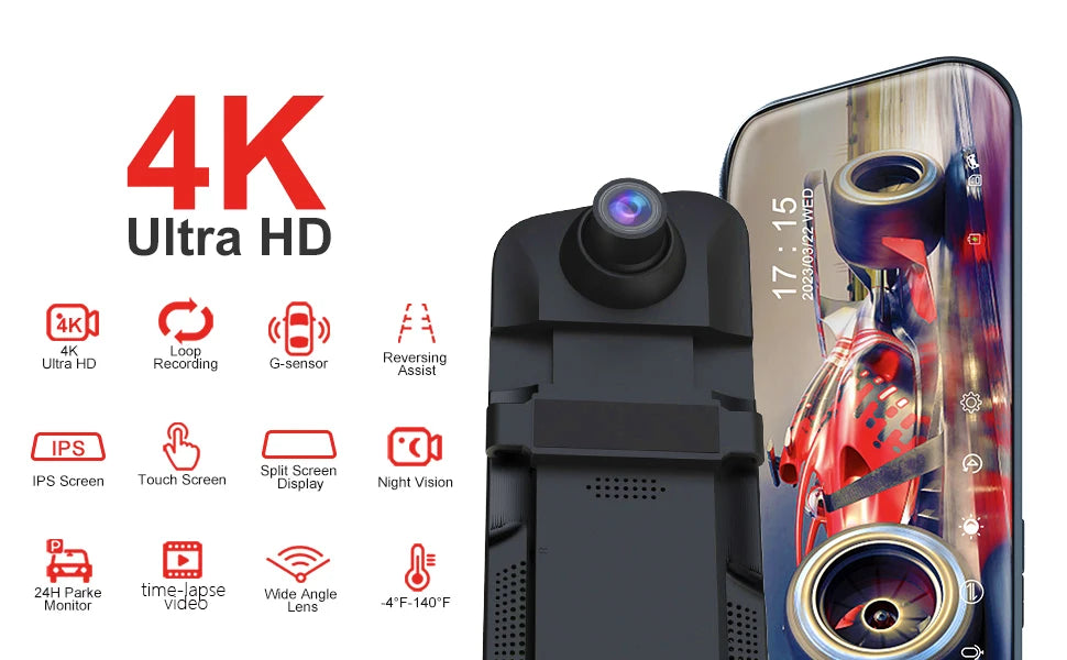 4K 10 Zoll Touchscreen Rückspiegel Recorder mit vorderer und Rücksicht Kamera 64GB