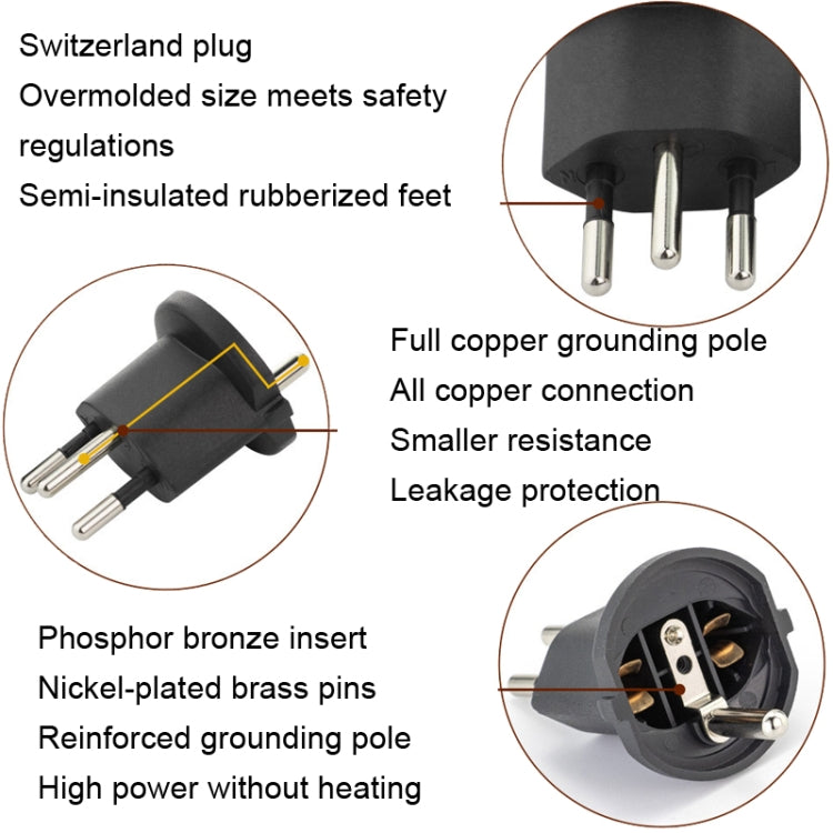 EU-zu-Schweiz-Stecker mit Erdungskabel-Reiseadapter (schwarz)