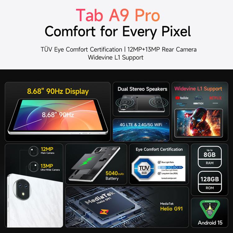 Ulefone Tab A10 Pro Tablet PC, 6GB+128GB, 8.68 inch Android 15 MediaTek Helio G91 Octa Core 4G Netz