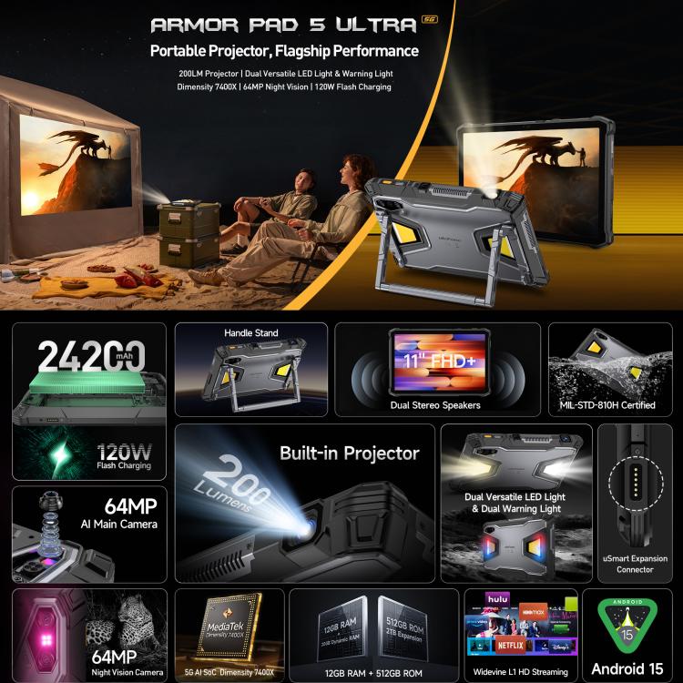 Ulefone Armor Pad 5 Ultra Tablet PC mit Projektor, 12 GB + 512 GB, 11 Zoll