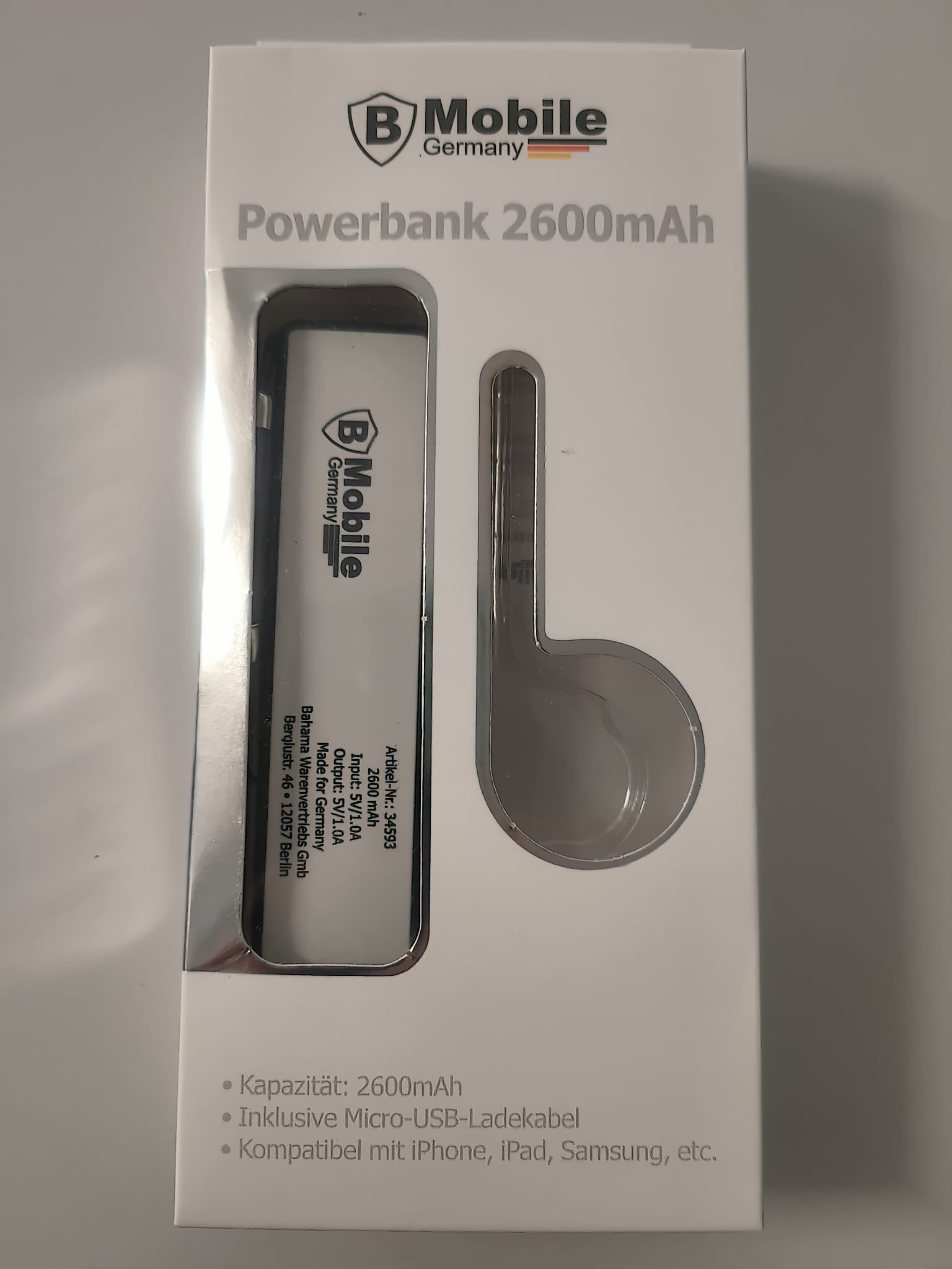 Power Bank 2600mAh mobiler Akku Ladegerät mit USB in Schwarz