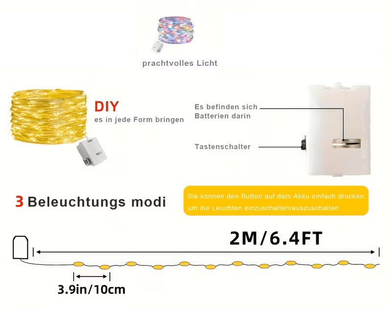 Batteriebetriebene Led Lichterkette - 2 Meter 20 LEDs auf Silberdraht Farbig RGB