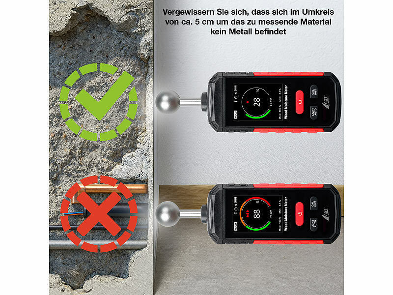 AGT Akku-Feuchtigkeits-Messgerät, nichtinvasive Messung, Farb-LCD, 5-40 mm Elektroniktrade Switzerland