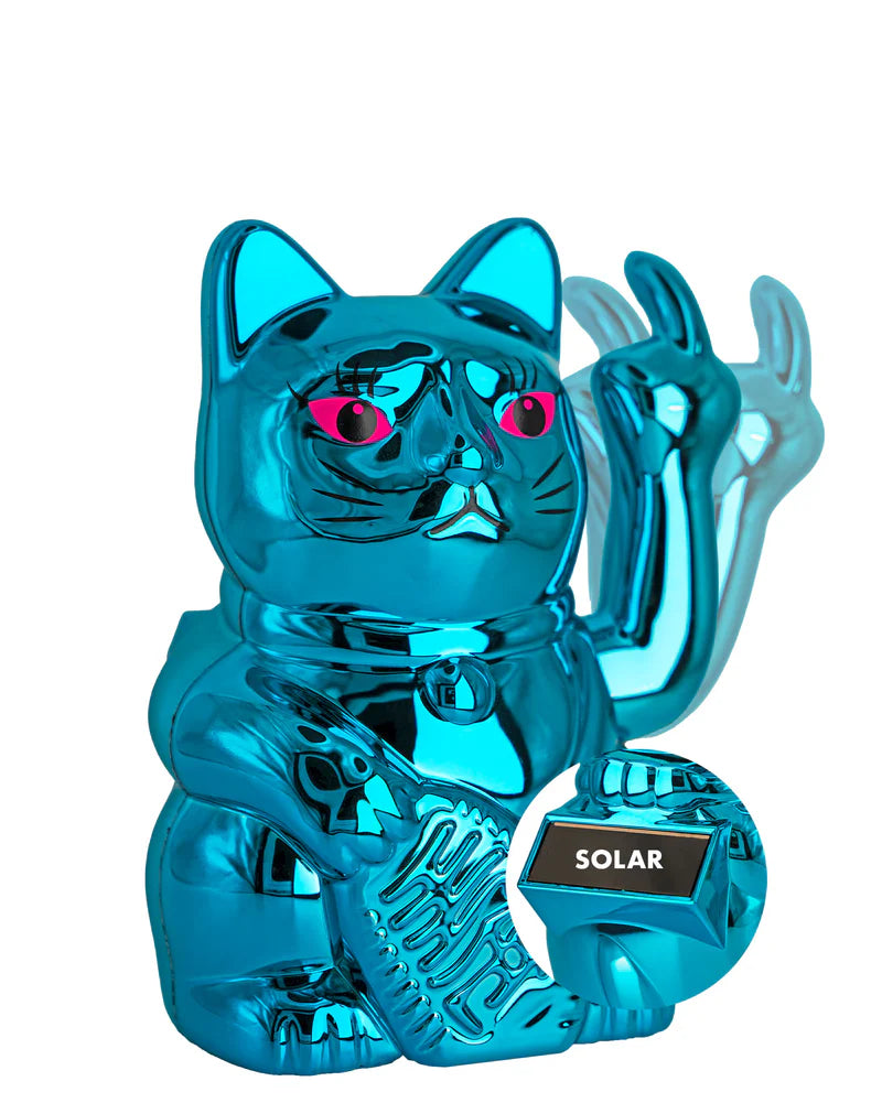 SOLAR CAT - METALLIC BLAU - Winkekatze mit Stinkefinger