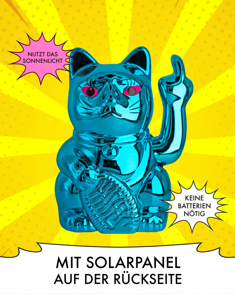 SOLAR CAT - METALLIC BLAU - Winkekatze mit Stinkefinger
